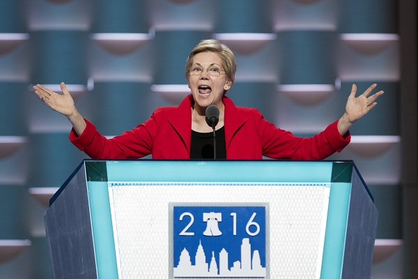 U.S. Senator Elizabeth Warren addresses the 2016 U.S. Democratic National Convention at Wells Fargo Center, Philadelphia, Pennsylvania, the United States, on July 25, 2016. The Democratic National Convention kicked off on Monday. (Xinhua/Li Muzi/IANS)(wjd