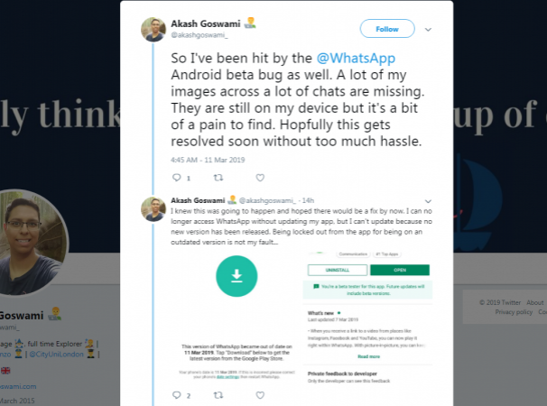 WhatsApp warns users regarding this bugTwitter/@akashgoswami_ WhatsApp warns users regarding this bugTwitter/@akashgoswami_