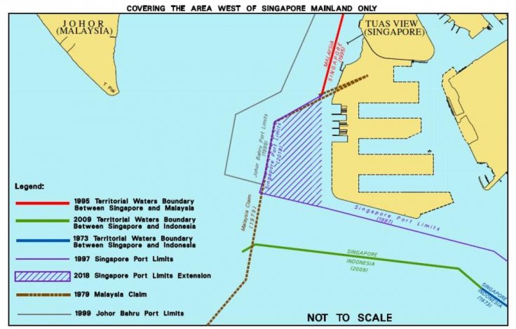 A map showing the territorial boundaries between Singapore and Malaysia, and Singapore's port-limit extension. 