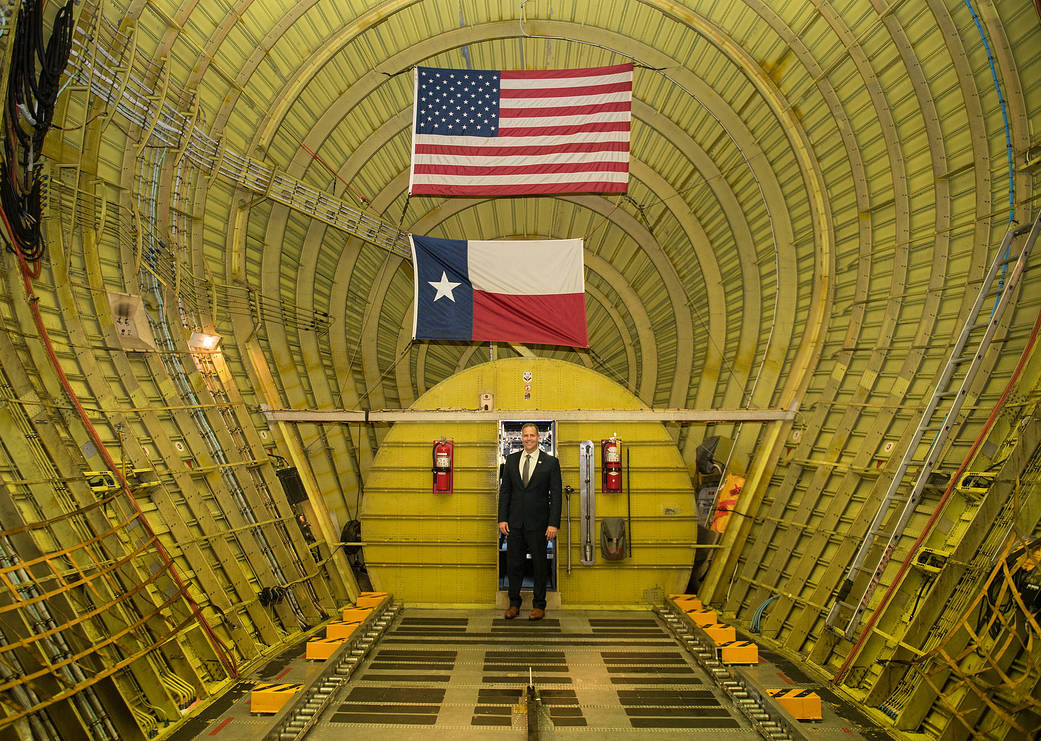 NASA Administrator Jim Bridenstine was photographed inside the Super Guppy aircraft on Monday, March 11, 2019, at Kennedy Space Center in Florida. The Super guppy will carry the flight frame with the Orion crew module and service module inside to a testin