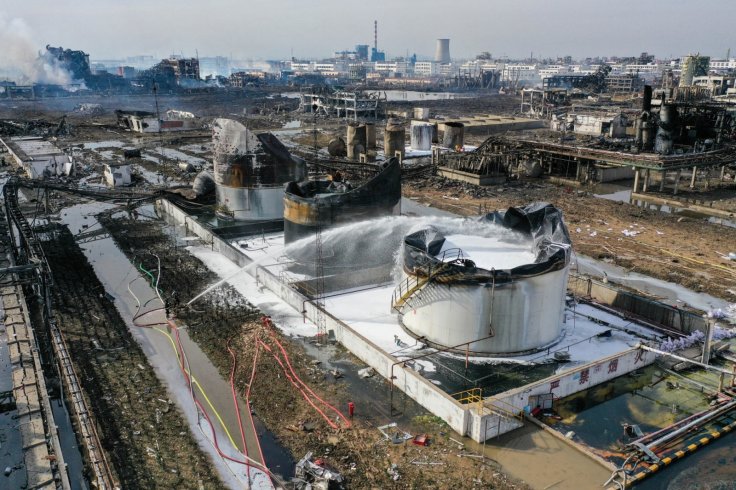 Aerial photo taken on March 22, 2019 shows the site of an explosion at a chemical industrial park in Xiangshui County of Yancheng, east China's Jiangsu Province. Thousands of firefighters and medical workers and hundreds of ambulances and fire trucks have