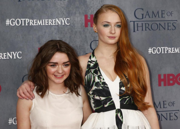 Cast members Maisie Williams and Sophie Turner arrive for the season four premiere of the HBO series Cast members Maisie Williams and Sophie Turner arrive for the season four premiere of the HBO series