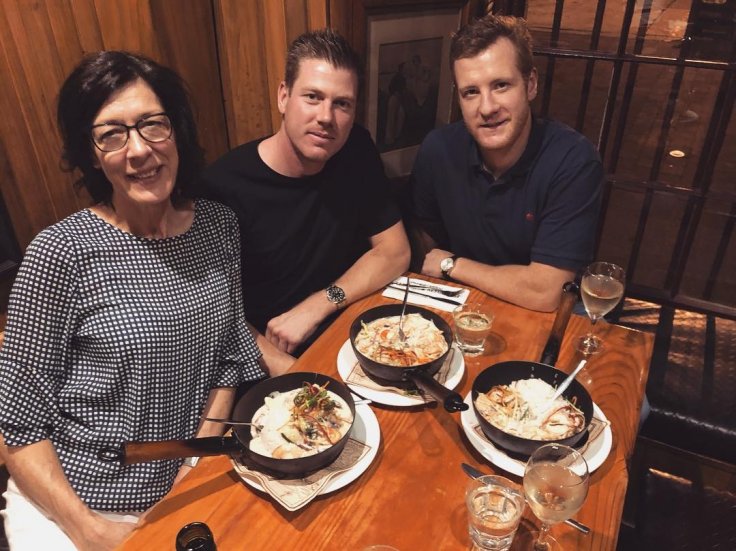 Australian cricketer James Faulkner having dinner with his mother Roslyn Carol Faulkner and his boyfriend of five years, Rob Jubb