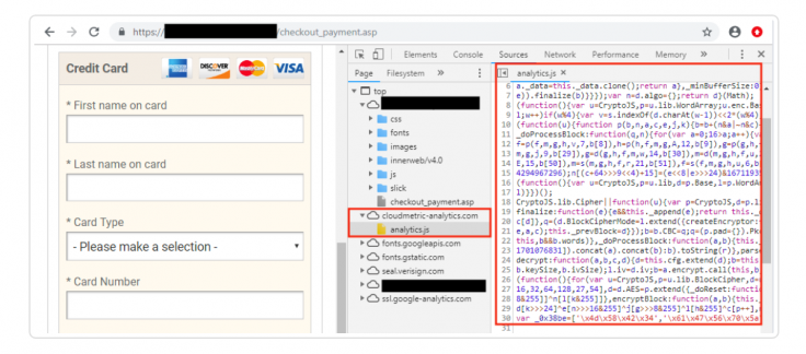 Payment page of PrismWeb online store loads Mirrorthief’s skimming script