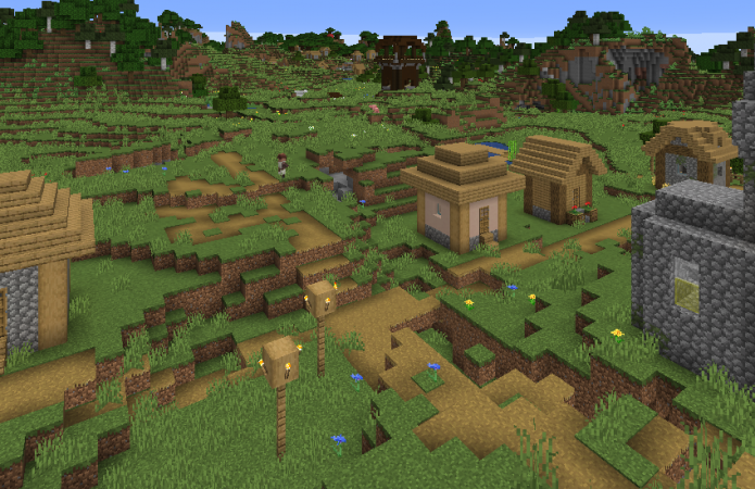 A screenshot from Minecraft shows a typical forest village