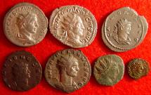row 1: Elagabalus (silver 218-222AD), Trajan Decius (silver 249-251AD), Gallienus (billon 253-268AD Asian mint); row 2: Gallienus (copper 253-268AD), Aurelian (silvered 270-275AD), barbarous radiate (copper), barbarous radiate (copper) Date	