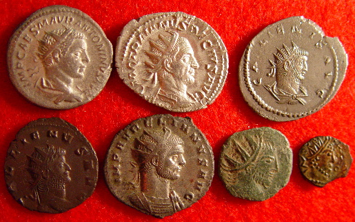 row 1: Elagabalus (silver 218-222AD), Trajan Decius (silver 249-251AD), Gallienus (billon 253-268AD Asian mint); row 2: Gallienus (copper 253-268AD), Aurelian (silvered 270-275AD), barbarous radiate (copper), barbarous radiate (copper) Date	