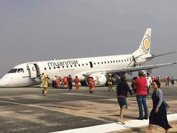 Mandalay: Myanmar Airline's Embraer E190 aircraft (ERJ-190LR) from Yangon to Mandalay which made an emergency landing after its front landing gear failed to deploy at Mandalay International Airport, on May 12, 2019. The aircraft landed with its nose wheel