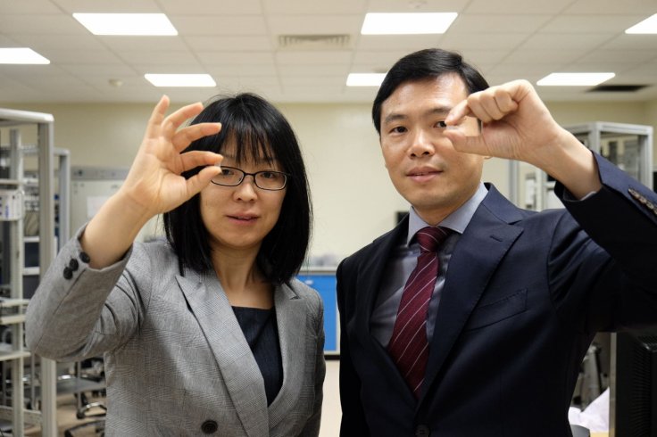 Assoc Prof Wang Xiaomeng and Prof Chen Peng with the eye patch prototypes. 