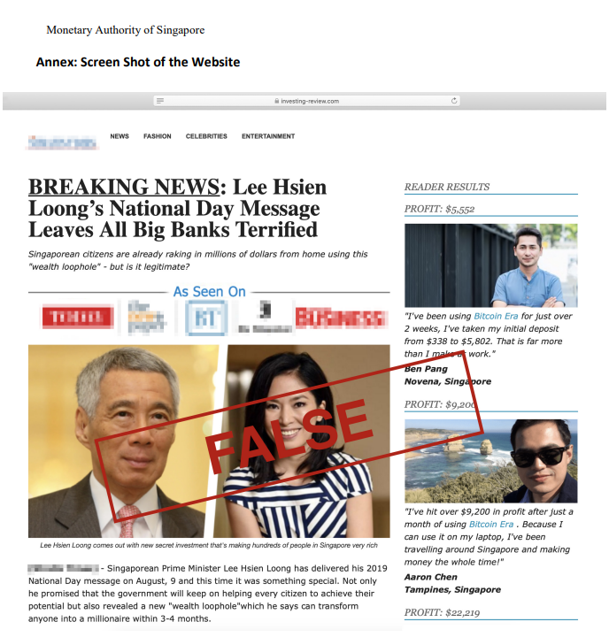 A fraudulent website has been using fabricated comments attributed to Prime Minister Lee Hsien Loong to solicit Bitcoin investments. 