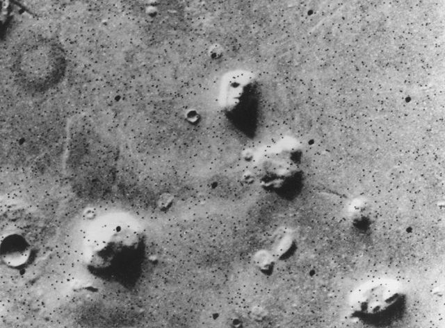 The original 'Face on Mars' image taken by NASA's Viking 1 orbiter, in grey scale, on July, 25 1976. Image shows a remnant massif located in the Cydonia region.