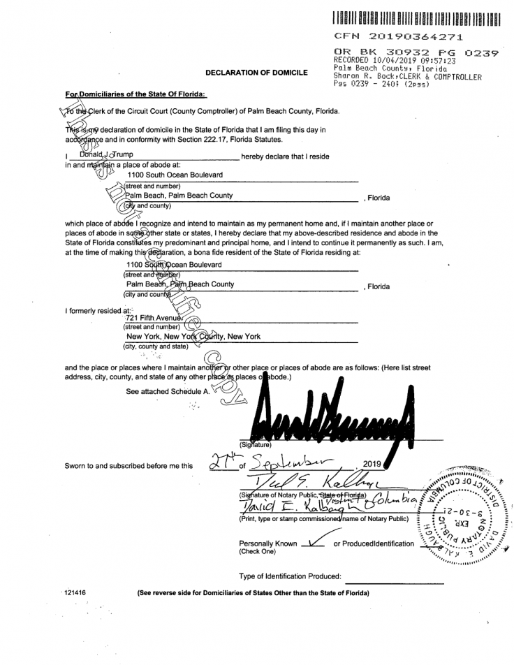 Donald Trump files for residency in Florida