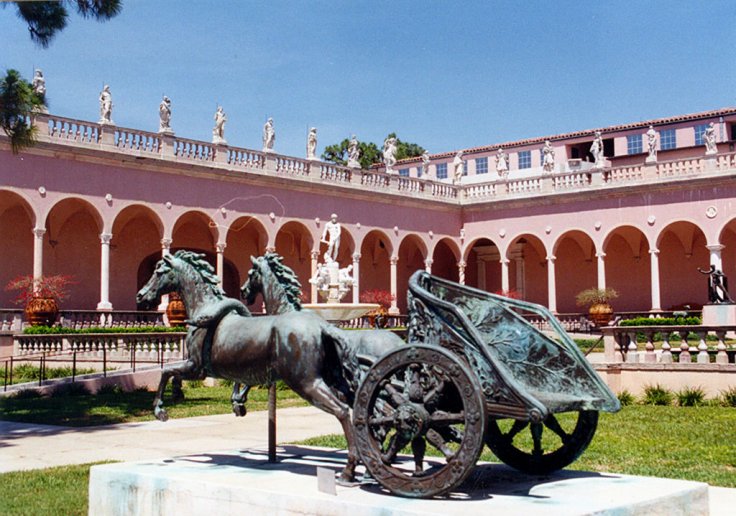 	 This bronze reproduction of a sculpture of a Roman chariot is a feature of the courtyard, inside the main buildings of the John and Mable Ringling Museum in Sarasota, Florida.