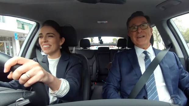 Stephen Colbert and Jacinda Ardern Stephen Colbert and Jacinda Ardern