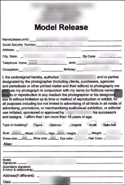 Model release form indicating body measurements