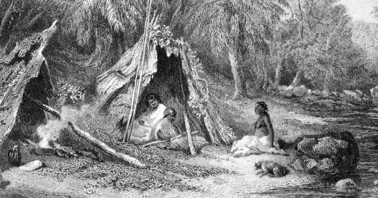 A 19th-century engraving of an Aboriginal Australian encampment, showing the indigenous lifestyle in the cooler parts of Australia at the time of European settlement.