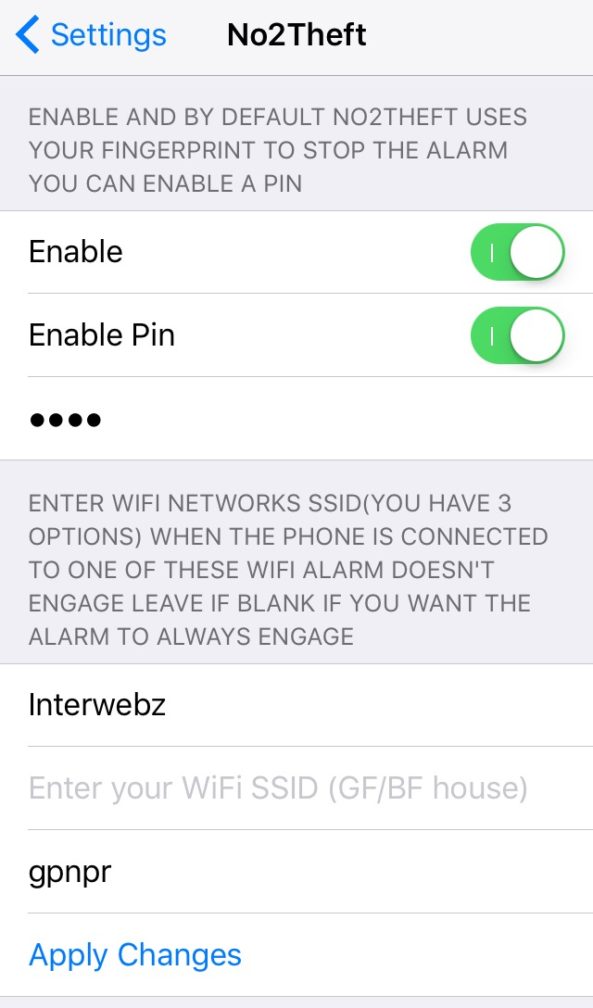 No2Theft settings and preferences No2Theft settings and preferences