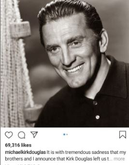 Michael Douglas Instagram post on Kirk Douglas