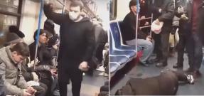 Russian prankster scares people inside train