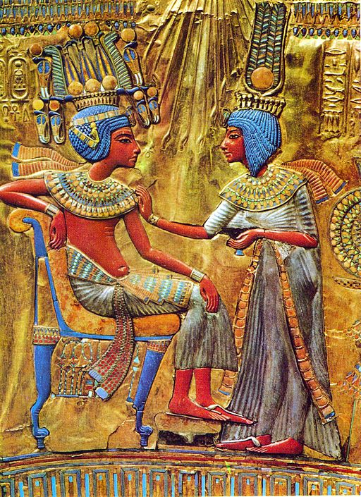 A detail from the throne of Tutankhamun which shows the pharaoh with his wife Ankhsenamun on the right