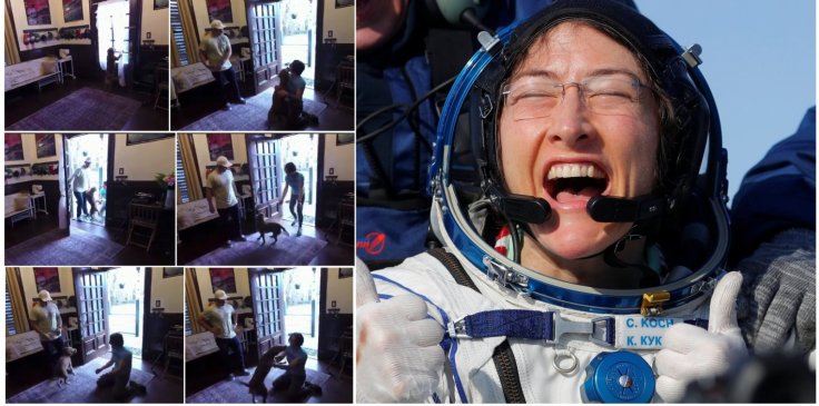 NASA astronaut Christina Koch meets her dog after a year