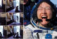 NASA astronaut Christina Koch meets her dog after a year