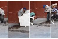 Old man feeding a thirsty stray dog