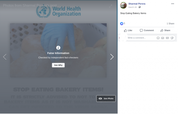 Facebook has flagged the fake poster asking people to stop consuming bakery products published with the logo of WHO as 'false information'
