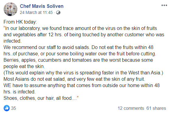 Fake message that says people should avoid eating salads amid the Coronavirus outbreak