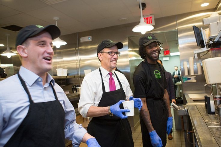 Secretary of Labor Thomas Perez tours the Shake Shack Restaurant with CEO Randy Garutti. 