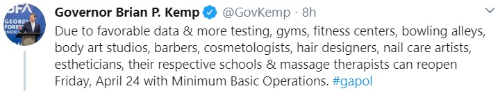 Georgia governor Brian Kemp tweet