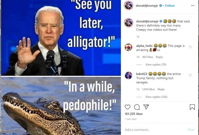 Donald Trump Jr Shares Meme On Instagram Accusing Joe Biden Of Being A Pedophile