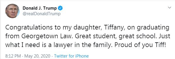 Donald Trump Tweet congratulating Tiffany Trump