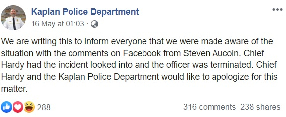 Kaplan Police Department statement