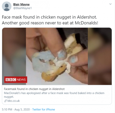 Surgical mask found in McDonalds chicken nuggets