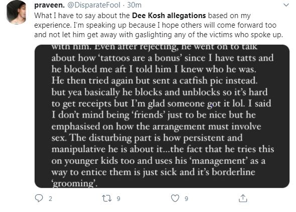 Tweet Dee Kosh harassment 