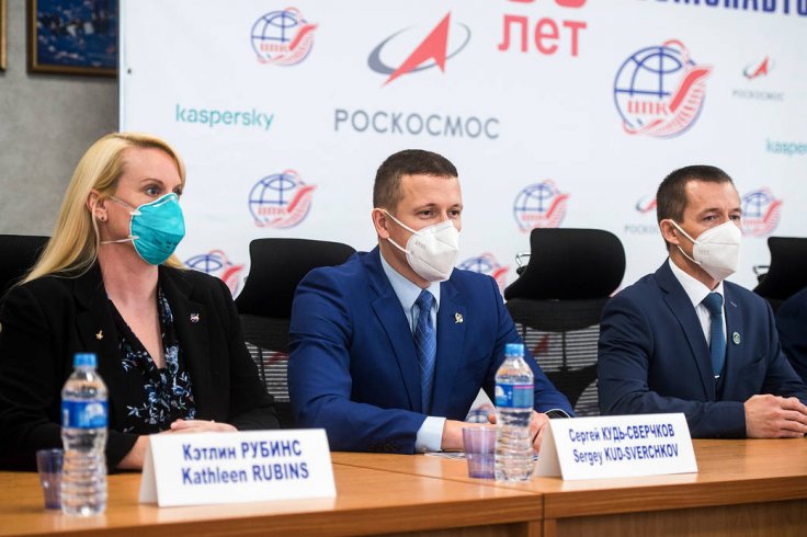 Expedition 64 crew members during a press conference