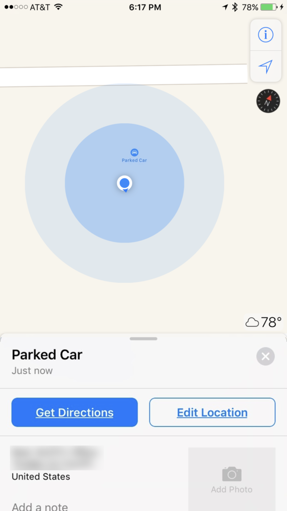 Location of parked car in iOS 10 stock Maps