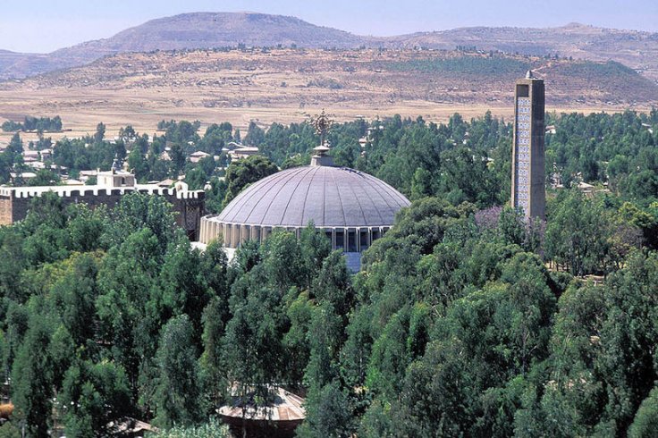 The dome and bell tower of the new Church of Our Lady Mary of Zion, built by Emperor Haile Selessie in the 1950s at Axum, Ethiopia