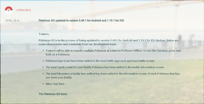 Pokemon GO update for iOS and Android