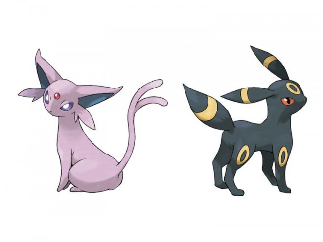 Eevee evolves into Umbreaon and Espeon