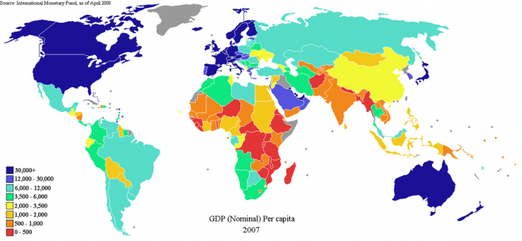 World map showing countries by nominal GDP per capita in 2007