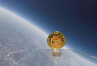Dogecoin cryptucurrency flies in space moon 