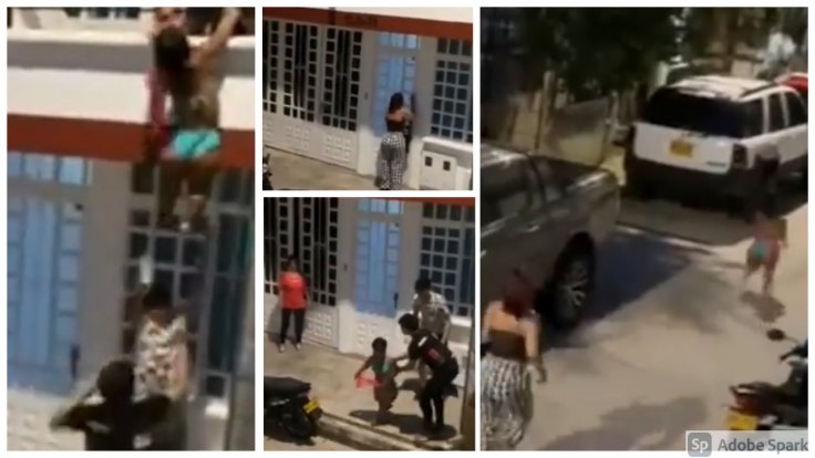 A woman in underwear runs down a street to escape the wrath of her boyfriend's wife