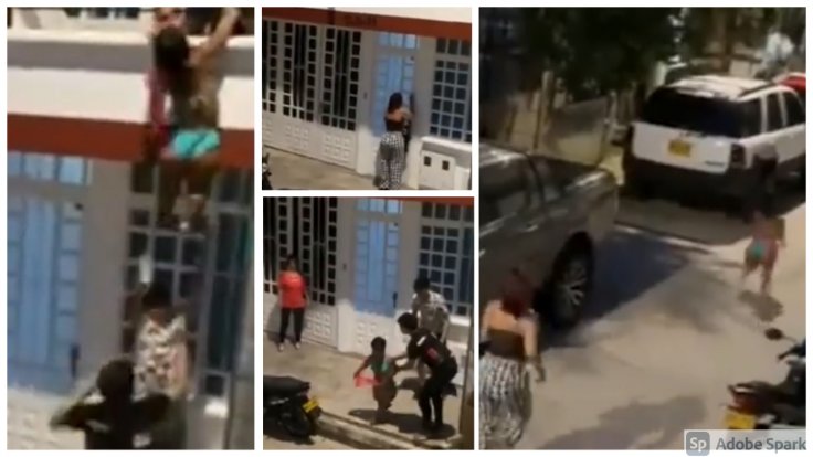 A woman in underwear runs down a street to escape the wrath of her boyfriend's wife A woman in underwear runs down a street to escape the wrath of her boyfriend's wife
