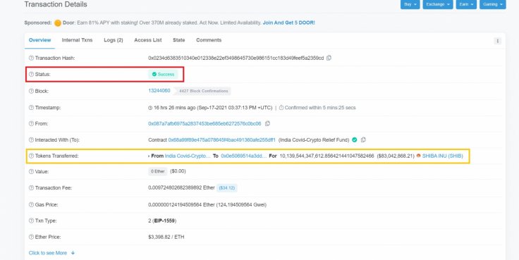 Shiab Inu India Covid19 Relief Fund Transaction