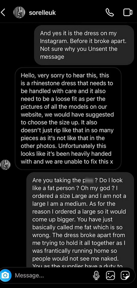 Screen grab of the conversation between Destiny Cambell and the clothing brand Screen grab of the conversation between Destiny Cambell and the clothing brand