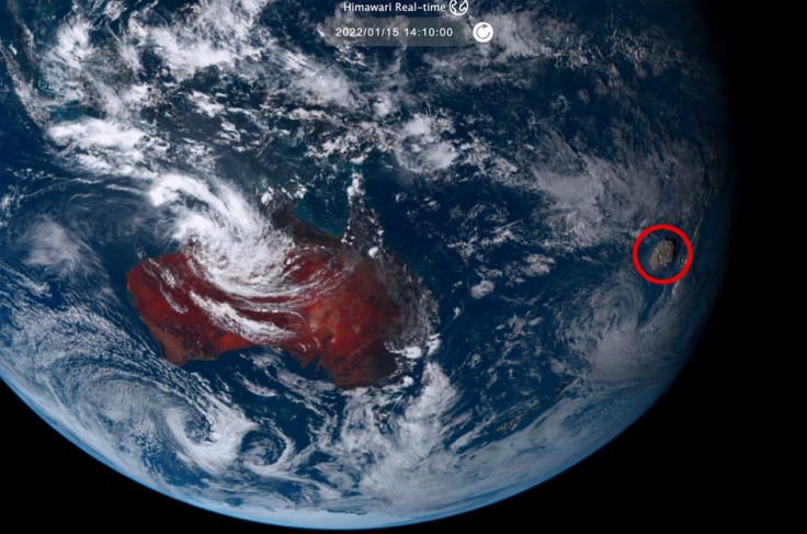 The satellite image shows the volcanic eruption impact location