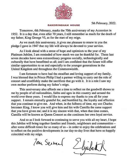 Queen Elizabeth's letter