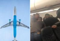 Several passengers had to restrain the unruly man to his seat Several passengers had to restrain the unruly man to his seat